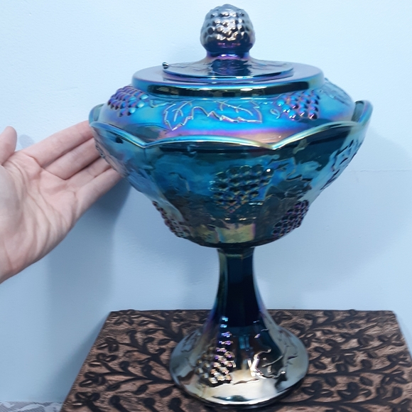 Indiana Blue Iridescent Carnival Glass Pedestal Compote Harvest Grape Purple Lid - Picture 2 of 16